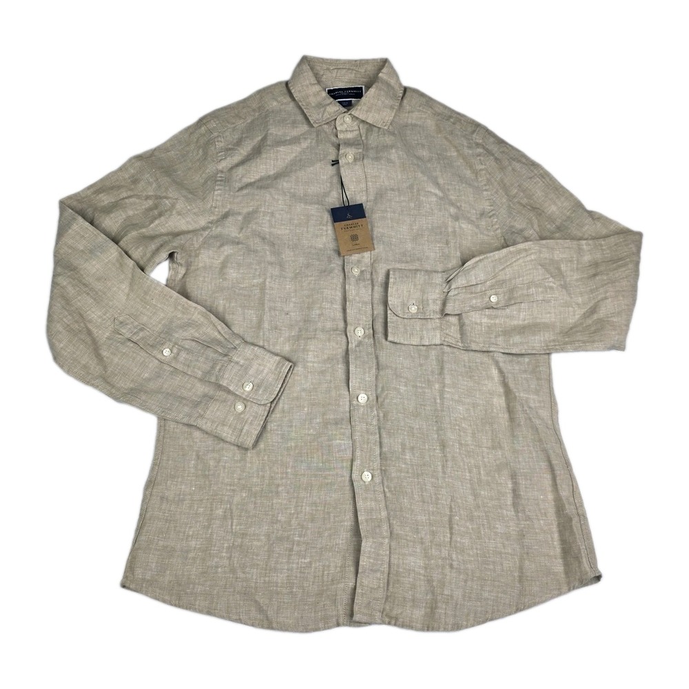 Charles Tyrwhitt 100% Linen Shirt Mens Small Slim Fit Beige Button Up New